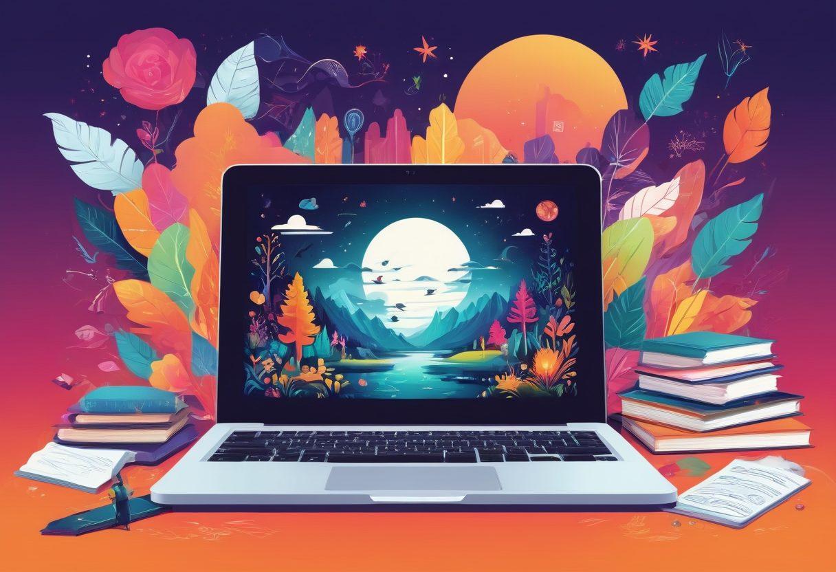 A beautifully designed open laptop showing an engaging digital storytelling interface, surrounded by colorful illustrations of characters, story plots, and vibrant icons symbolizing creativity. In the background, a whimsical landscape made of books and media devices, evoking a sense of adventure in the blogosphere. The overall vibe should be inspiring and inviting, aiming to captivate potential bloggers. vibrant colors. vector art. whimsical style.