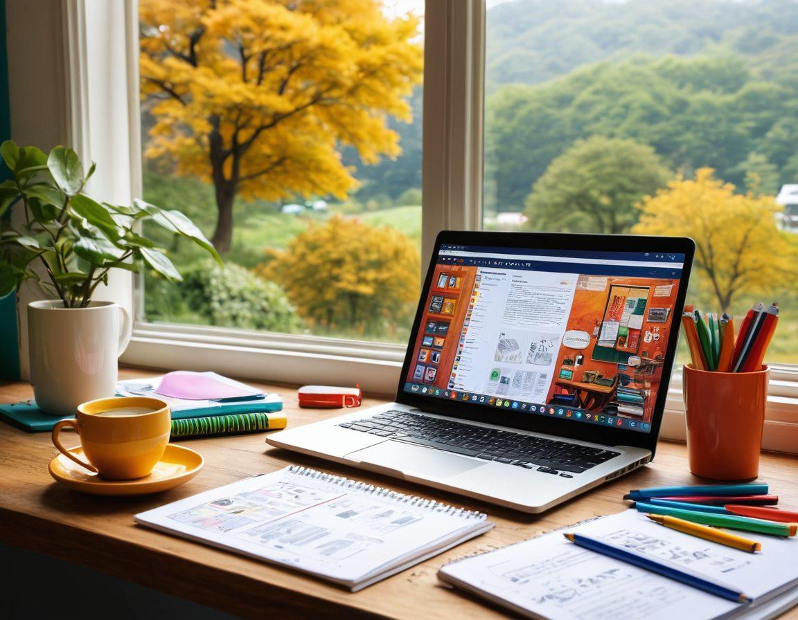 A creative workspace featuring a laptop displaying a vibrant blog interface, surrounded by open notebooks and colorful stationery. A steaming cup of coffee sits nearby, while a window reveals a bright, inspiring outdoor scene. The walls are adorned with motivational quotes and charts representing Aescan Insights. The atmosphere conveys productivity and inspiration. vibrant colors. super-realistic.